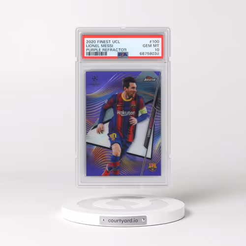 2020 Topps Finest UEFA Champions League #100 Lionel Messi - Purple Refractor (PSA 10 GEM MINT)