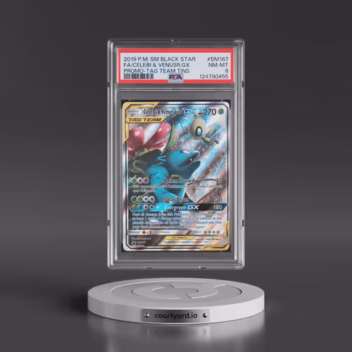 2019 Pokémon SM Black Star Promo #SM167 Celebi & Venusaur GX - Holo Full Art Tag Team Tins (PSA 8 NM