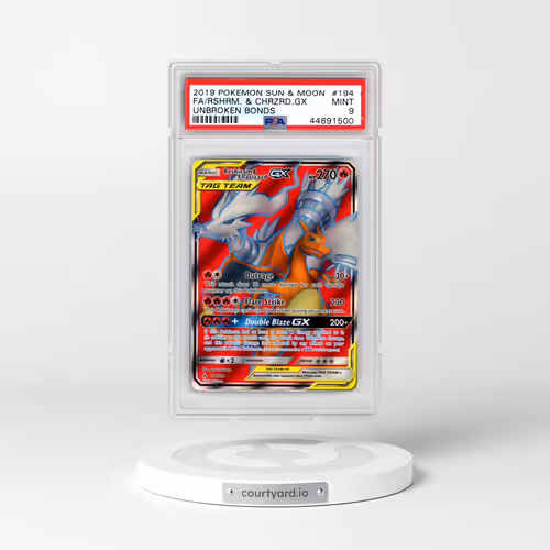 2019 Pokémon Sun & Moon Unbroken Bonds #194 Reshiram & Charizard GX - Holo Full Art (PSA 9 MINT)