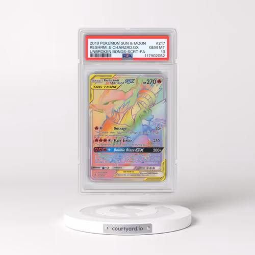 2019 Pokémon Sun & Moon Unbroken Bonds #217 Reshiram & Charizard GX - Holo Full Art Secret (PSA 10 G