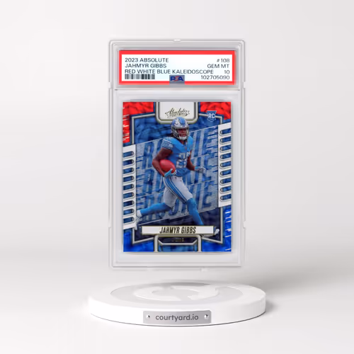 2023 Panini Absolute #108 Jahmyr Gibbs - Red White Blue Kaleidoscope (PSA 10 GEM MINT)