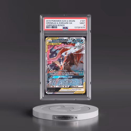 2019 Pokémon Sun & Moon Unbroken Bonds #107 Greninja & Zoroark GX - Holo (PSA 9 MINT)
