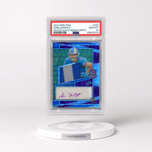 2023 Panini Spectra #232 Sam LaPorta - Patch Autograph-Neon Purple (PSA 10 GEM MINT)