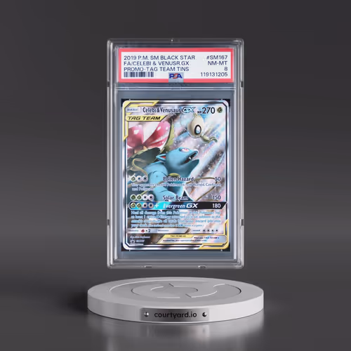 2019 Pokémon SM Black Star Promo #SM167 Celebi & Venusaur GX - Holo Full Art Tag Team Tins (PSA 8 NM