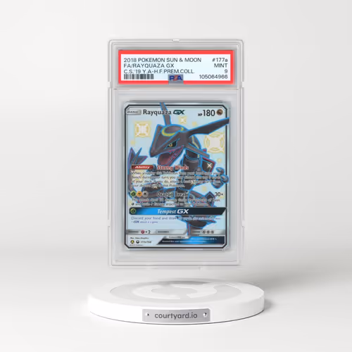 2018 Pokémon Sun & Moon Celestial Storm #177a Rayquaza GX - Holo Full Art 2019 Yellow A Hidden Fates Premium Collection (PSA 9 MINT)