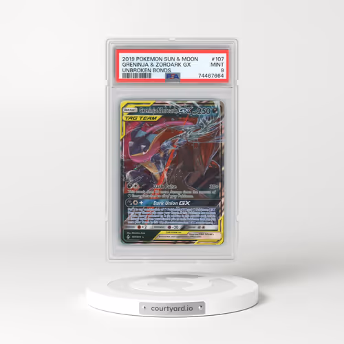2019 Pokémon Sun & Moon Unbroken Bonds #107 Greninja & Zoroark GX - Holo (PSA 9 MINT)