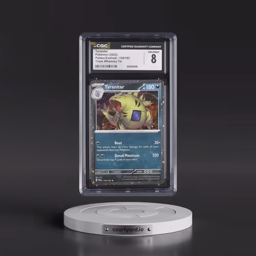 2023 Paldea Evolved - PAL EN #135/193 Tyranitar - Triple Whammy Tin (Cosmos Holo) (CGC 8 NM-MT)
