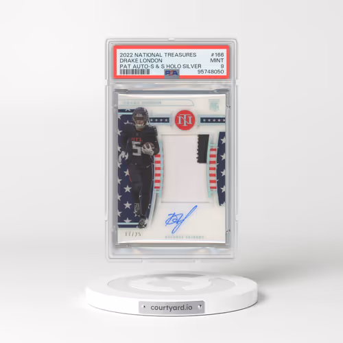 2022 Panini National Treasures #166 Drake London - Patch Autograph-Stars & Stripes Holo Silver (PSA 9 MINT)
