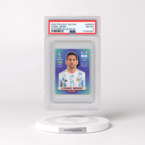 2022 Panini FIFA World Cup Qatar Stickers #ARG20 Lionel Messi - Blue Back (PSA 8 NM-MT)