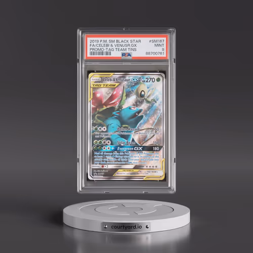 2019 Pokémon SM Black Star Promo #SM167 Celebi & Venusaur GX - Holo Full Art Tag Team Tins (PSA 9 MI
