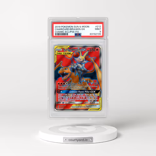 2019 Pokémon Sun & Moon Cosmic Eclipse #212 Charizard & Braixen GX - Holo Full Art (PSA 9 MINT)