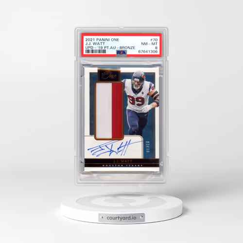 2021 Panini One Update #70 J.J. Watt - 2019 Patch Autograph-Bronze (PSA 8 NM-MT)