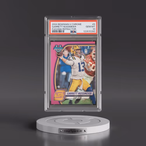 2024 Bowman University Chrome #5 Garrett Nussmeier - Fuchsia Refractor (PSA 10 GEM MINT)