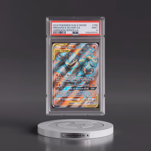 2019 Pokémon Sun & Moon Unbroken Bonds #198 Marshadow & Machamp GX - Holo Full Art (PSA 9 MINT)