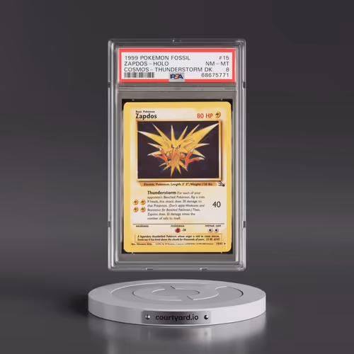 1999 Pokémon Fossil #15 Zapdos - Holo Cosmos-Thunderstorm Deck (PSA 8 NM-MT)