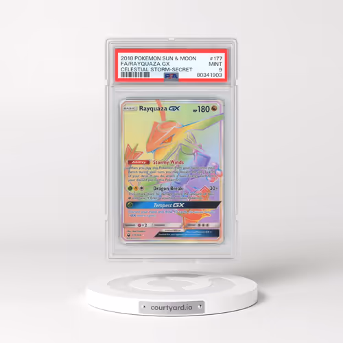 2018 Pokémon Sun & Moon Celestial Storm #177 Rayquaza GX - Holo Full Art Secret (PSA 9 MINT)