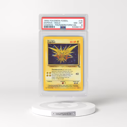 1999 Pokémon Fossil #15 Zapdos - Holo Cosmos-Thunderstorm Deck (PSA 8 NM-MT)
