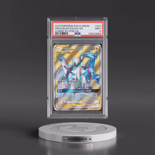 2019 Pokémon Sun & Moon Cosmic Eclipse #220 Arceus & Dialga & Palkia GX - Holo Full Art (PSA 9 MINT)