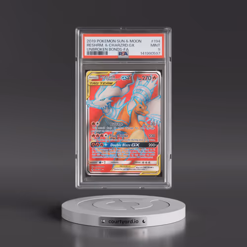 2019 Pokémon Sun & Moon Unbroken Bonds #194 Reshiram & Charizard GX - Holo Full Art (PSA 9 MINT)