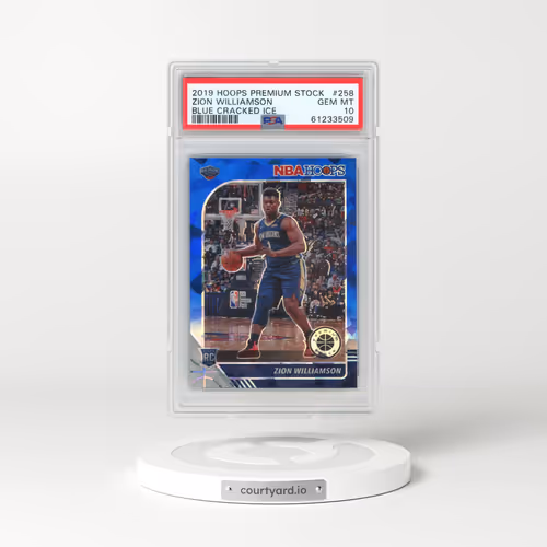 2019 Panini Hoops Premium Stock #258 Zion Williamson - Blue Cracked Ice (PSA 10 GEM MINT)