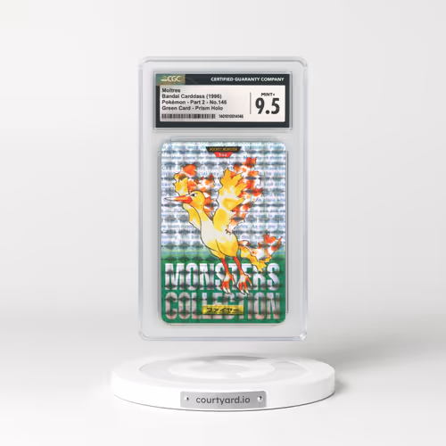 1996 Japanese Bandai Carddass #146 Moltres - Full Art Holo Green Card (CGC 9.5 MINT+)