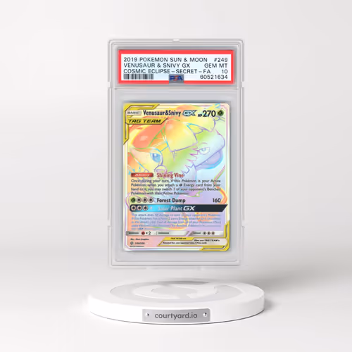 2019 Pokémon Sun & Moon Cosmic Eclipse #249 Venusaur & Snivy GX - Holo Full Art Secret (PSA 10 GEM M