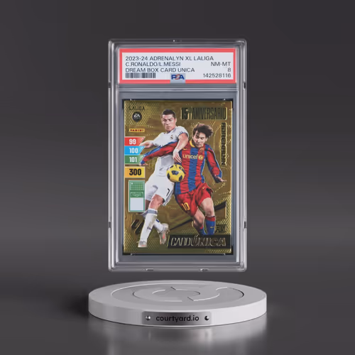 2023 Panini Adrenalyn XL Laliga Dream Box Card Unica Cristiano Ronaldo/Lionel Messi (PSA 8 NM-MT)