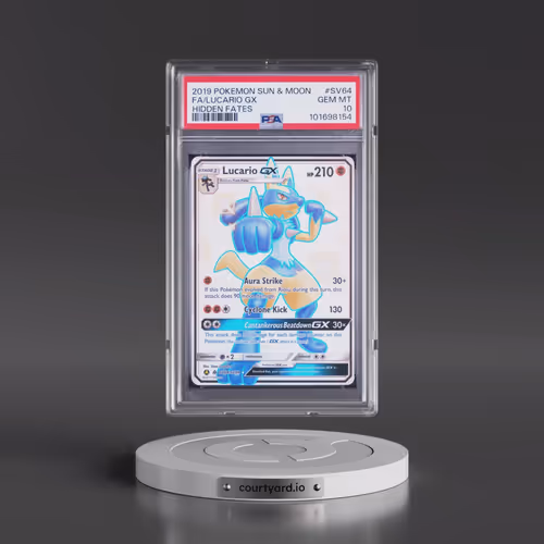 2019 Pokémon Sun & Moon Hidden Fates #SV64 Lucario GX - Holo Full Art (PSA 10 GEM MINT)