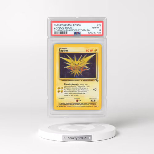 1999 Pokémon Fossil #15 Zapdos - Holo Cosmos-Thunderstorm Deck (PSA 8 NM-MT)