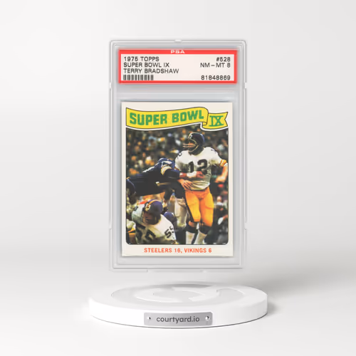 1975 Topps #528 Super Bowl IX - Terry Bradshaw (PSA 8 NM-MT)