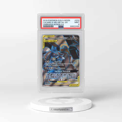 2019 Pokémon Sun & Moon Unbroken Bonds #203 Lucario & Melmetal GX - Holo Full Art (PSA 9 MINT)
