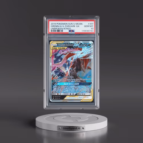 2019 Pokémon Sun & Moon Unbroken Bonds #107 Greninja & Zoroark GX - Holo (PSA 10 GEM MINT)