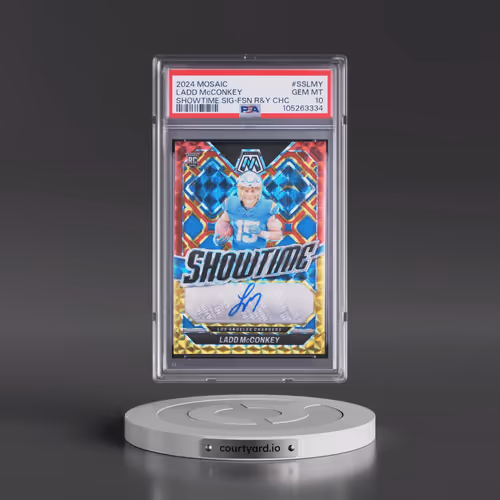 2024 Panini Mosaic Showtime Signatures #SSLMY Ladd McConkey - Fusion Red & Yellow Choice (PSA 10 GEM