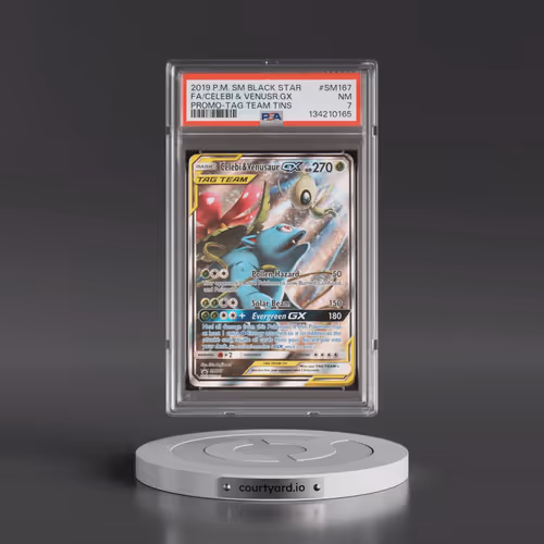 2019 Pokémon SM Black Star Promo #SM167 Celebi & Venusaur GX - Holo Full Art Tag Team Tins (PSA 7 NM