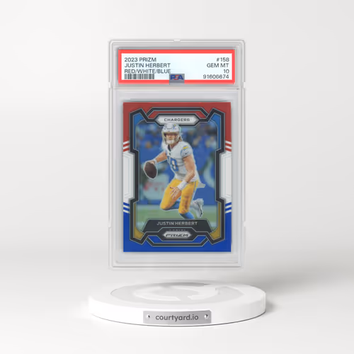 2023 Panini Prizm #158 Justin Herbert - Red/White/Blue Prizm (PSA 10 GEM MINT)