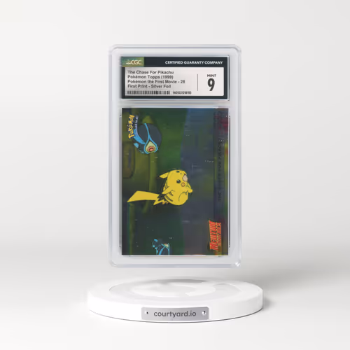 1999 Pokémon the First Movie #28 The Chase For Pikachu - First Print (Blue Topps Logo) Silver Foil (CGC 9 MINT)
