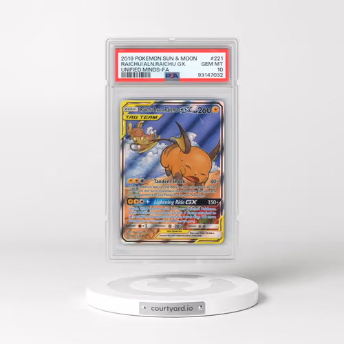 2019 Pokémon Sun & Moon Unified Minds #221 Raichu & Alolan Raichu GX - Holo Full Art (PSA 10 GEM MINT)