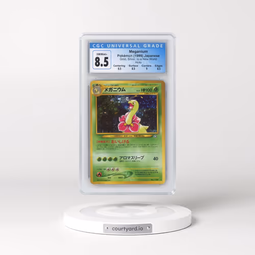 1999 Gold, Silver, to a New World Meganium - With Rarity Symbol - Holo (CGC 8.5 NM-MT+)