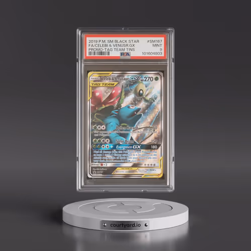 2019 Pokémon SM Black Star Promo #SM167 Celebi & Venusaur GX - Holo Full Art Tag Team Tins (PSA 9 MI