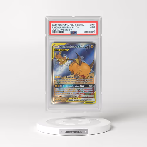 2019 Pokémon Sun & Moon Unified Minds #221 Raichu & Alolan Raichu GX - Holo Full Art (PSA 9 MINT)