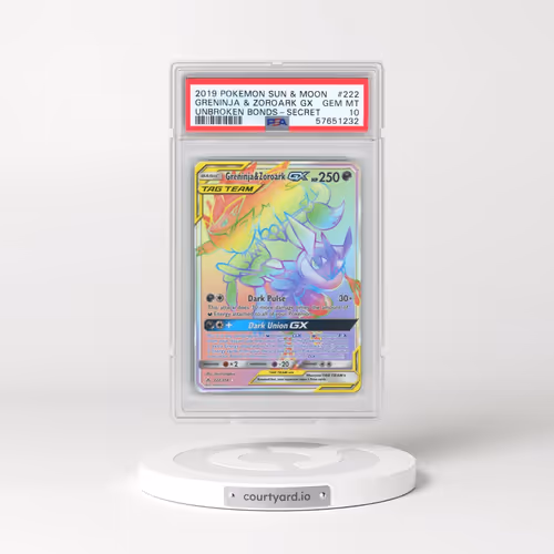 2019 Pokémon Sun & Moon Unbroken Bonds #222 Greninja & Zoroark GX - Holo Full Art Secret (PSA 10 GEM