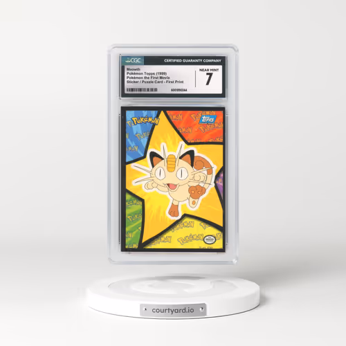 1999 Pokémon the First Movie Meowth - Sticker / Mewtwo Puzzle Card First Print (Blue Topps Logo) (CGC 7 NM)