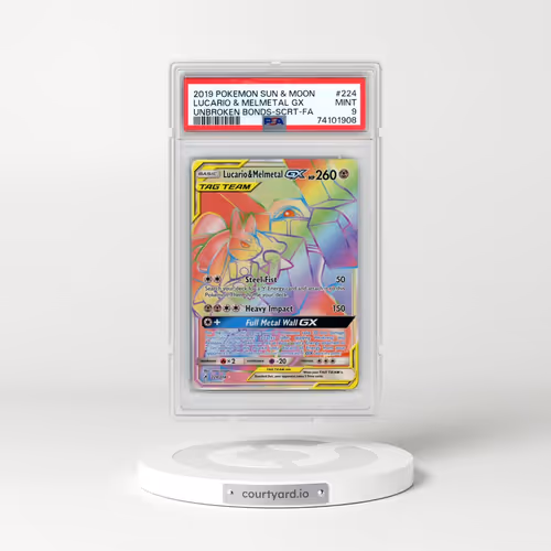 2019 Pokémon Sun & Moon Unbroken Bonds #224 Lucario & Melmetal GX - Holo Full Art Secret (PSA 9 MINT