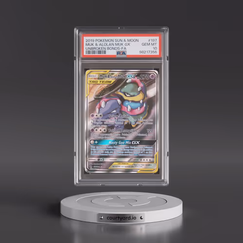 2019 Pokémon Sun & Moon Unbroken Bonds #197 Muk & Alolan Muk GX - Holo Full Art (PSA 10 GEM MINT)