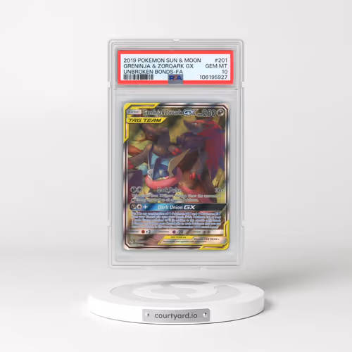 2019 Pokémon Sun & Moon Unbroken Bonds #201 Greninja & Zoroark GX - Holo Full Art (PSA 10 GEM MINT)