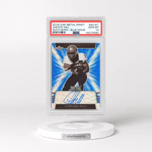 2019 Leaf Metal Draft Autographs Sepia #SVJH1 Justice Hill - Blue Wave (PSA 10 GEM MINT)