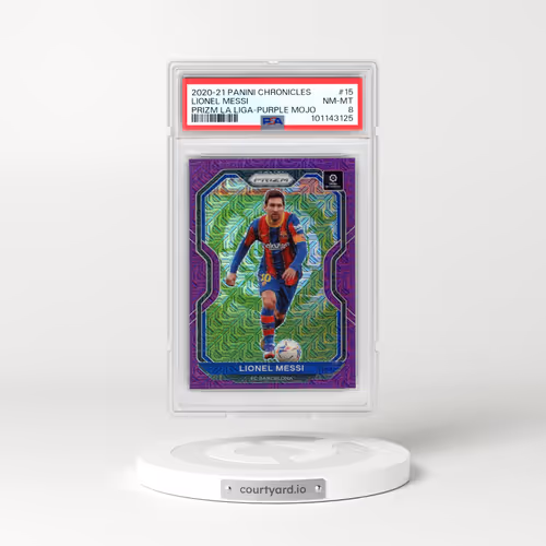 2020 Panini Chronicles Prizm La Liga #15 Lionel Messi - Purple Mojo (PSA 8 NM-MT)