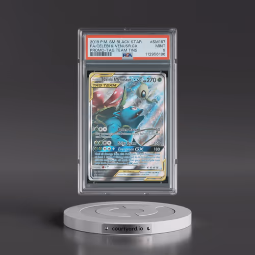 2019 Pokémon SM Black Star Promo #SM167 Celebi & Venusaur GX - Holo Full Art Tag Team Tins (PSA 9 MI
