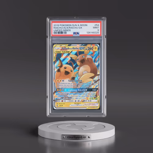2019 Pokémon Sun & Moon Unified Minds #54 Raichu & Alolan Raichu GX - Holo (PSA 9 MINT)