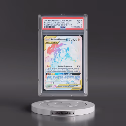2019 Pokémon Sun & Moon Cosmic Eclipse #259 Reshiram & Zekrom GX - Holo Full Art Secret (PSA 9 MINT)